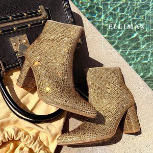 NBW🔥 Sparkly Bling Gold Rhinestone Crystal Ankle Booties Boot Chunky Block Heel